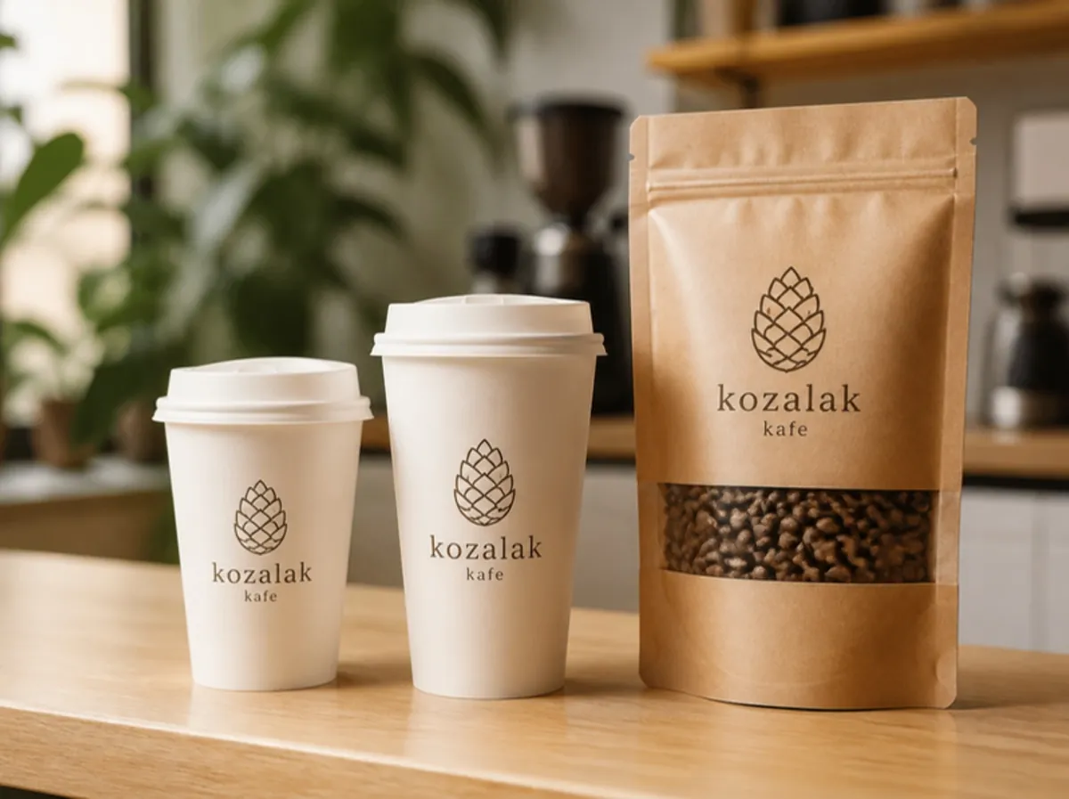 Kozalak Kafe logolu karton bardaklar ve kahve paketi