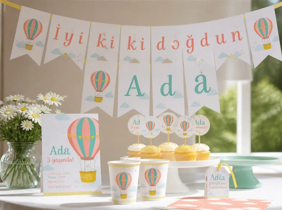 Balon temalı doğum günü davetiyesi, bayrak süsü, bardak ve etiketler