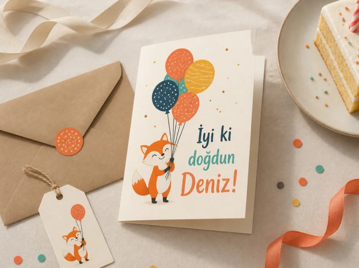 Tilki illüstrasyonlu doğum günü kartı, kraft zarf ve hediye etiketi
