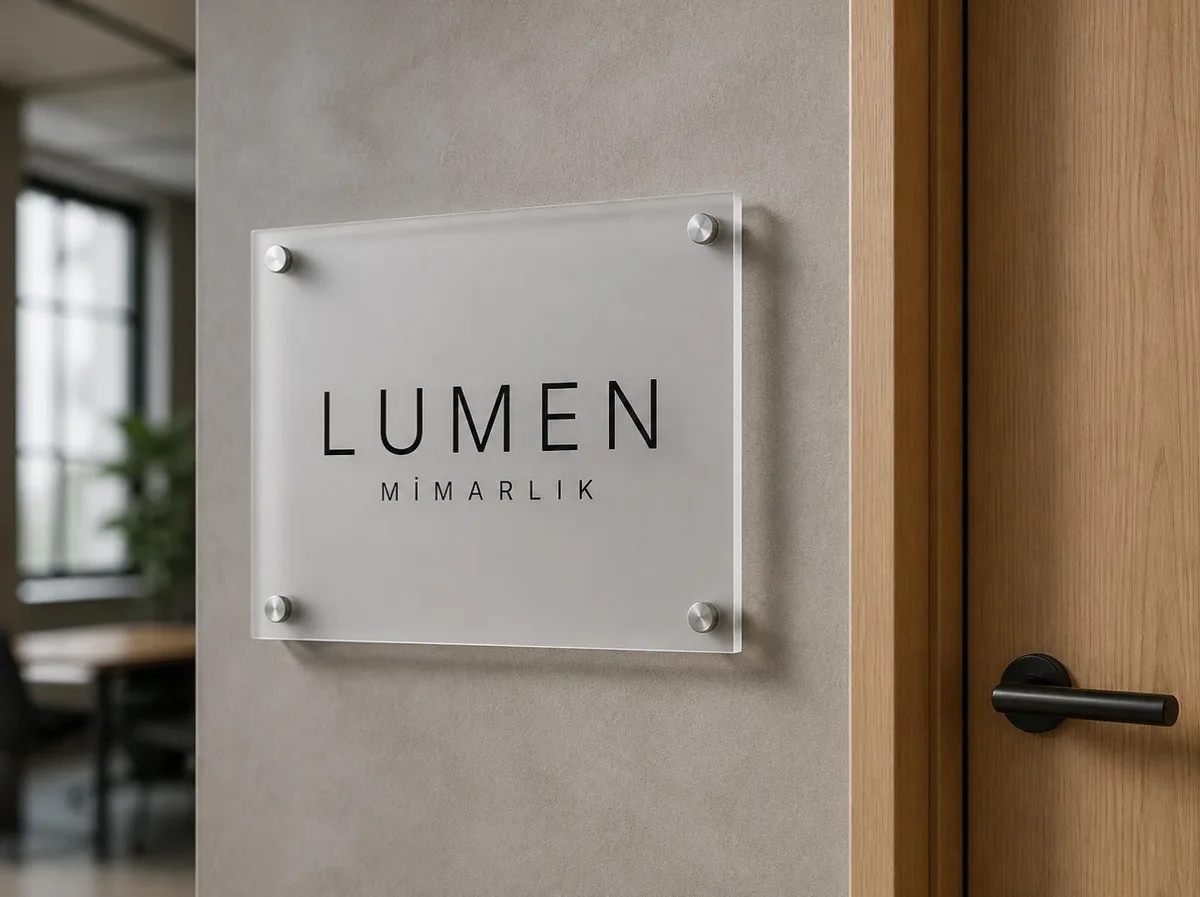 Kapı isimliği, Buzlu pleksi, mesafeli vida: Lumen Mimarlık