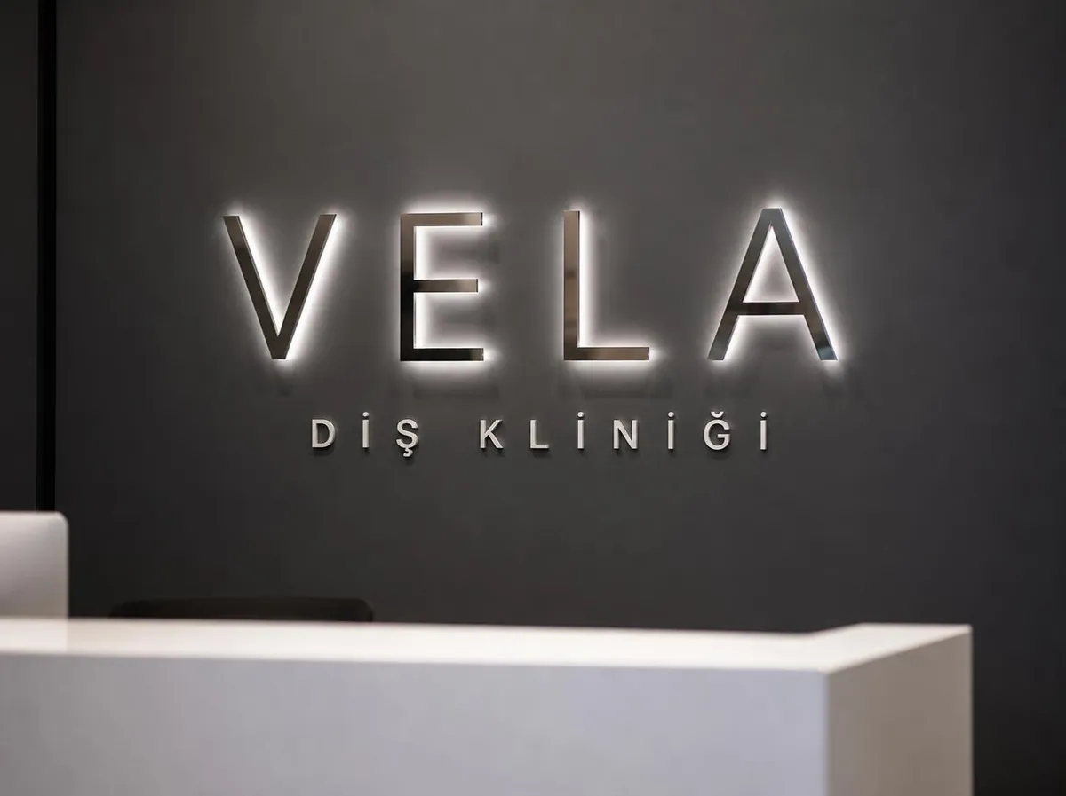 Kutu harf, Paslanmaz, arkadan ışıklı: Vela Diş Kliniği