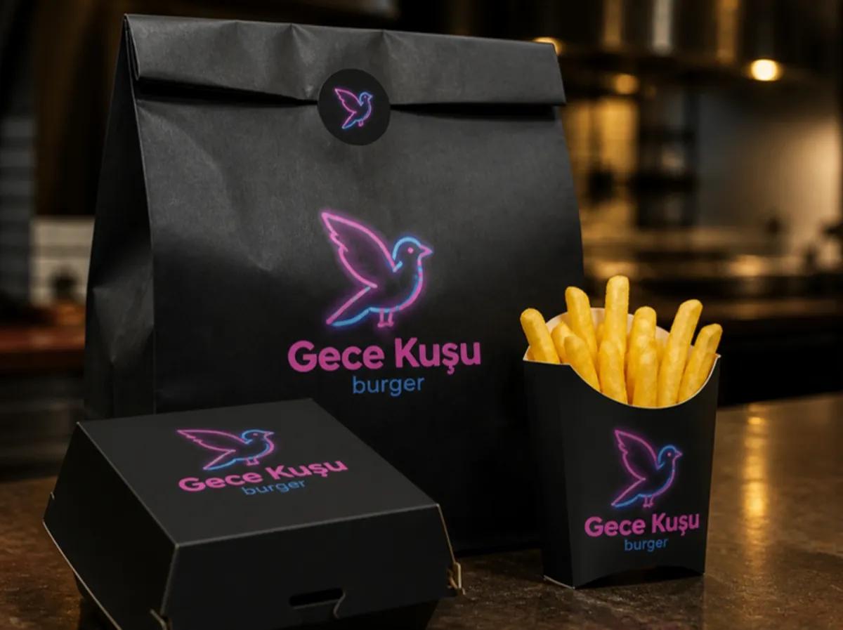 Gece Kuşu Burger paket servis çantası, burger kutusu ve patates kabı